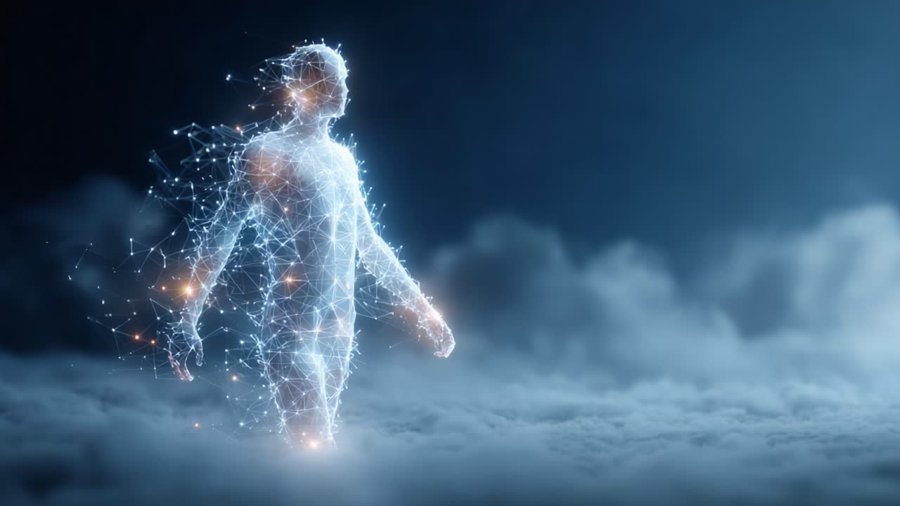 A luminous figure emerges from a digital cloud, representing the fusion of technology and humanity in a stunning visual portrayal of digital existence