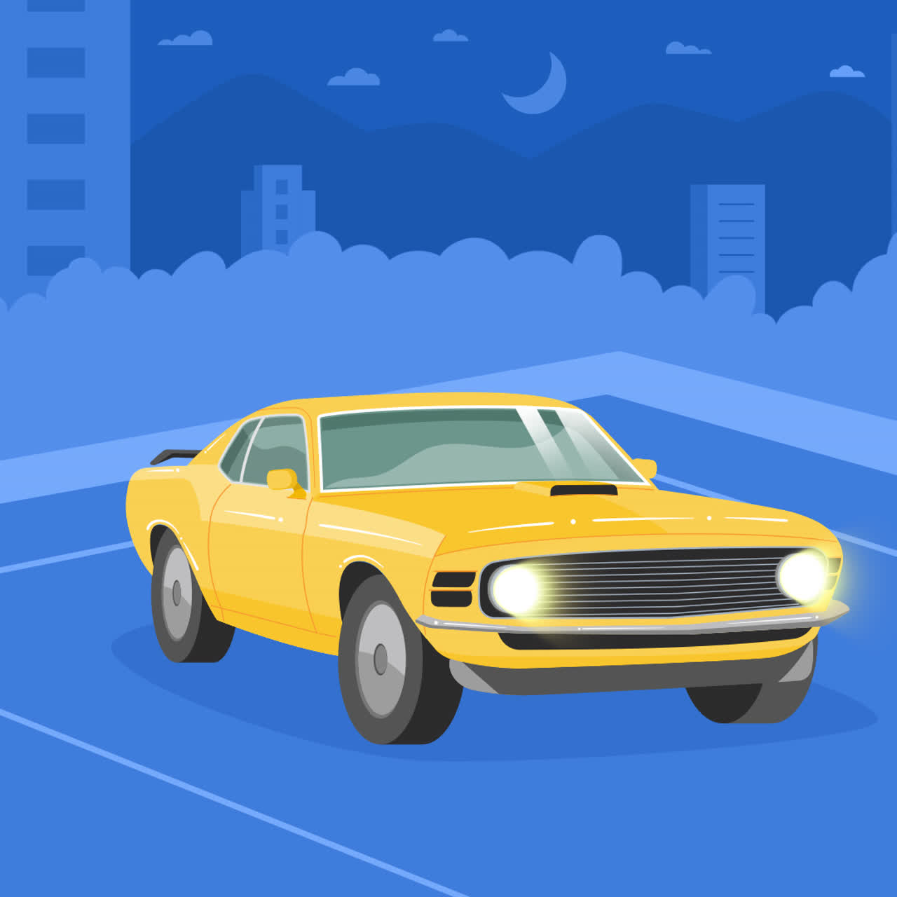 시내 주차장에서 밤에 노란색 클래식 자동차