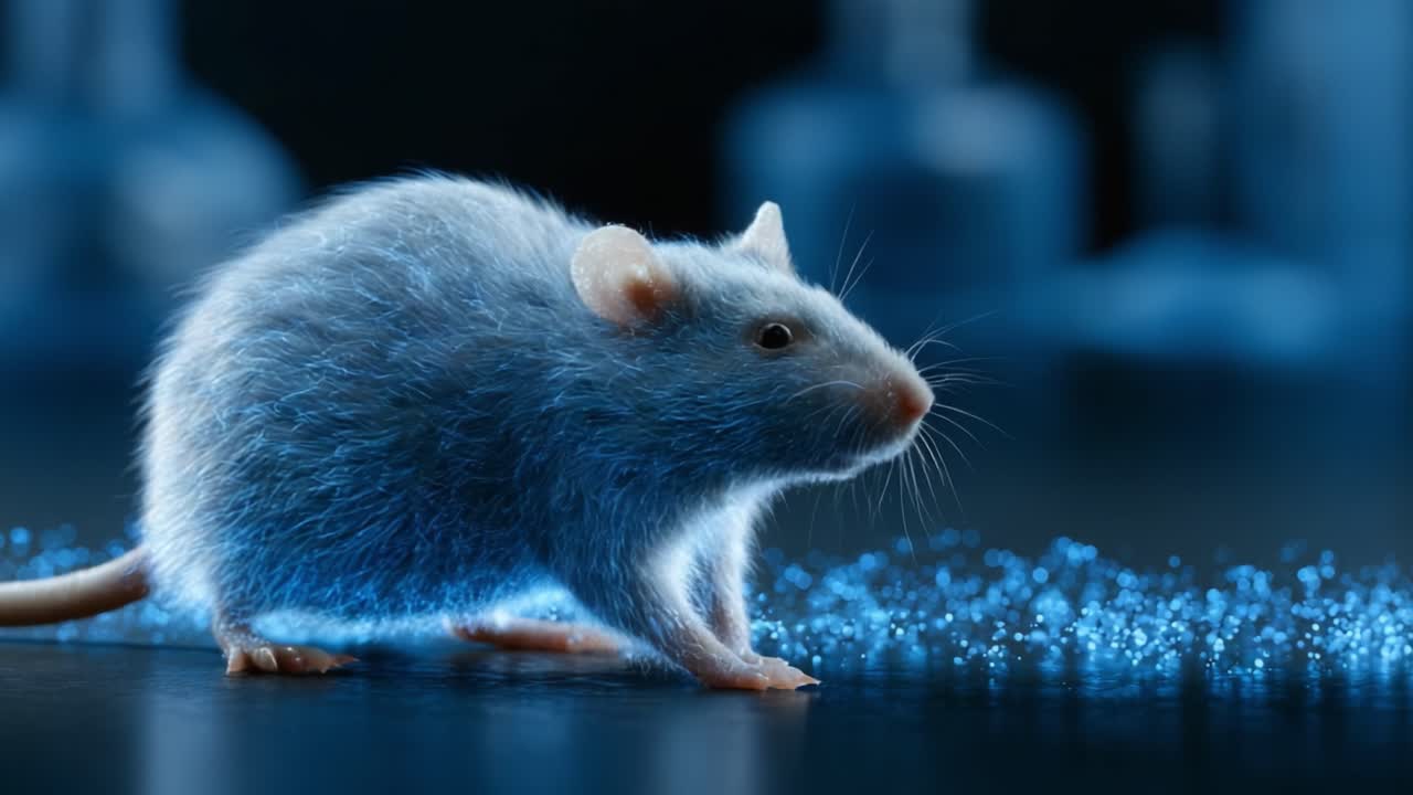 A Captivating Study of a Vibrant Blue-Furred Mouse Exploring a Sparkling Surface Against a Dark Laboratory Backdrop