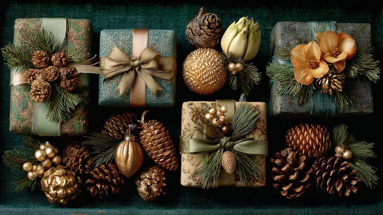 Festive Holiday Gift Arrangement Showcasing Beautifully Wrapped Presents Adorned with Natural Elements, Creating a Warm Seasonal Atmosphere for Celebrations