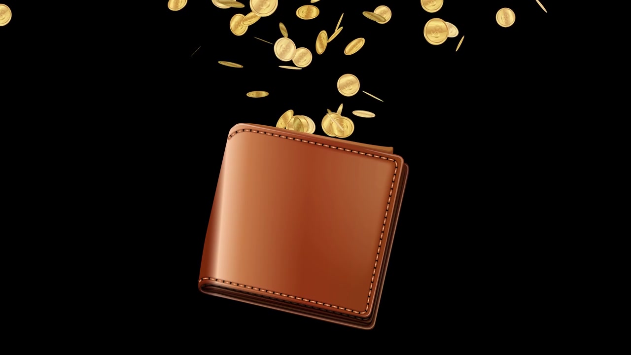 Monedas de oro caen en una cartera de cuero marrón sobre un fondo negro sólido.