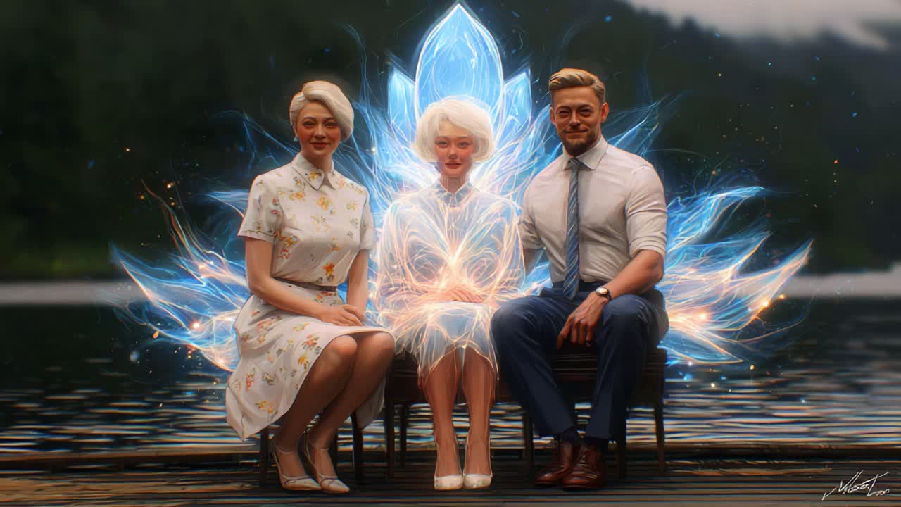 A Magical Gathering by the Water: Two Friends and a Mysterious Figure Surrounded by Ethereal Light, Capturing a Moment of Enchantment Against a Serene Natural Backdrop