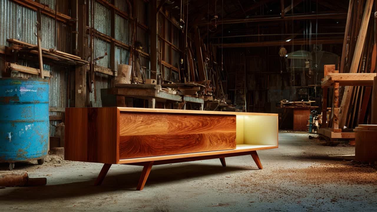 Stunningly Crafted Wooden Furniture Piece in a Rustic Workshop Setting Highlighting Artisan Design and Craftsmanship with Rich Textures and Ambient Lighting