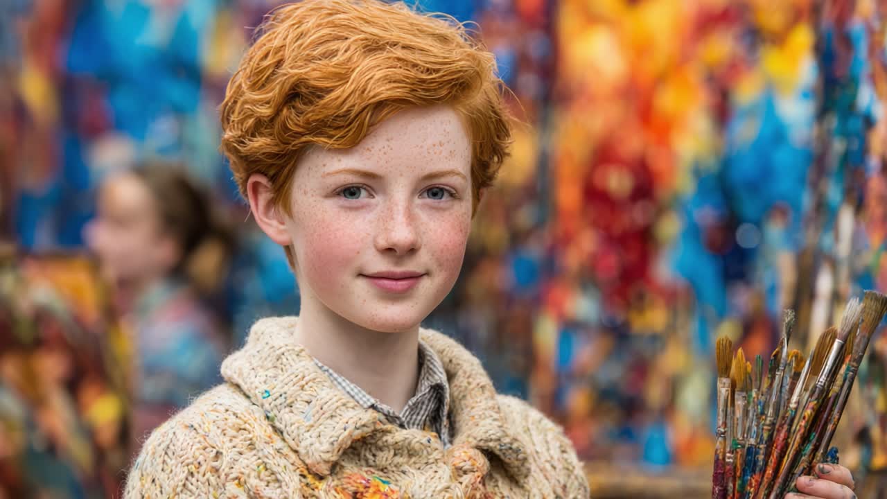 A Young Artist with Freckled Skin and Vibrant Red Hair, Holding Paintbrushes, Captures the Joy of Creative Expression in a Colorful Artistic Setting