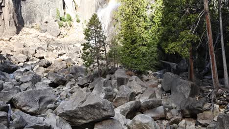 bottom of lower yosemite falls panning up from the creek below while a rainbow is cast on the fall pan up