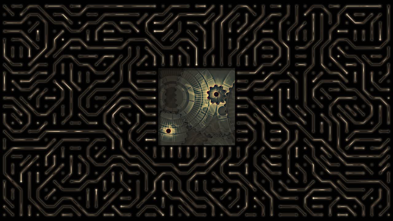 Microchip o procesador en un patrón de fondo abstracto de placa de circuito, tecnología informática con mecánica vintage, inteligencia artificial, potencia informática, procesos internos de una máquina o sistema