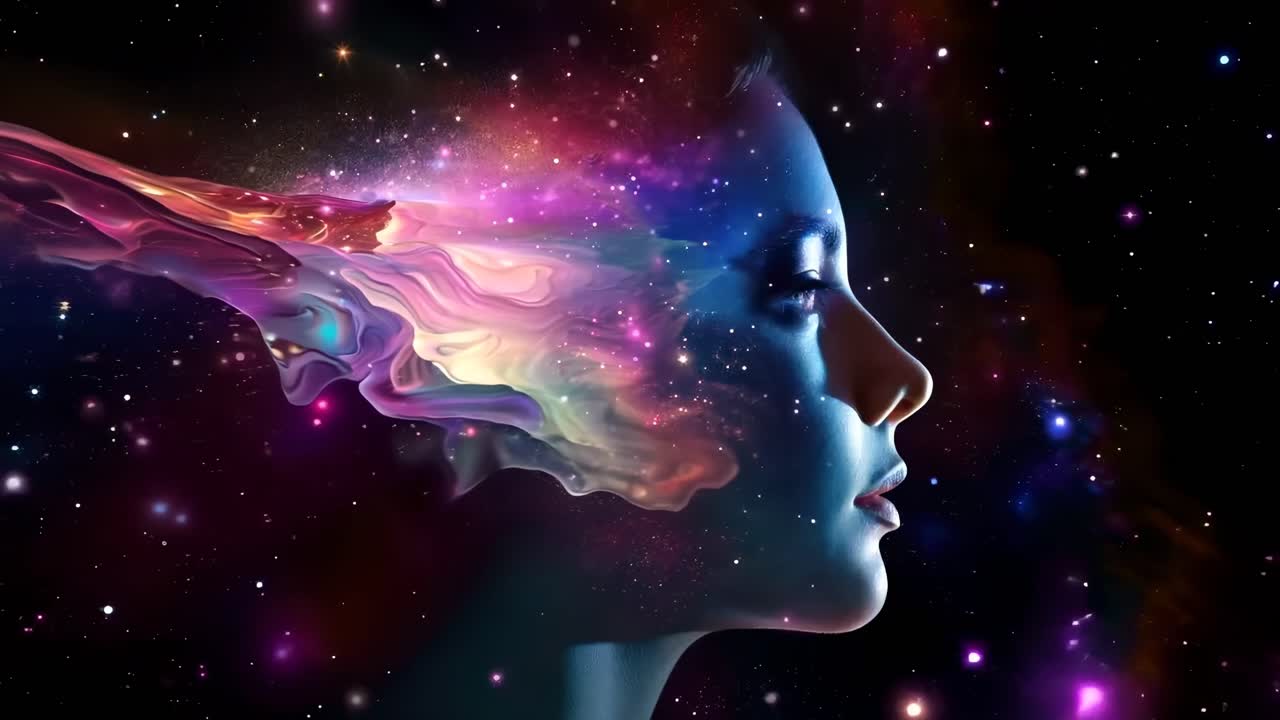 A side profile of a woman's face blends into a cosmic nebula, captured in a surreal, dreamlike
