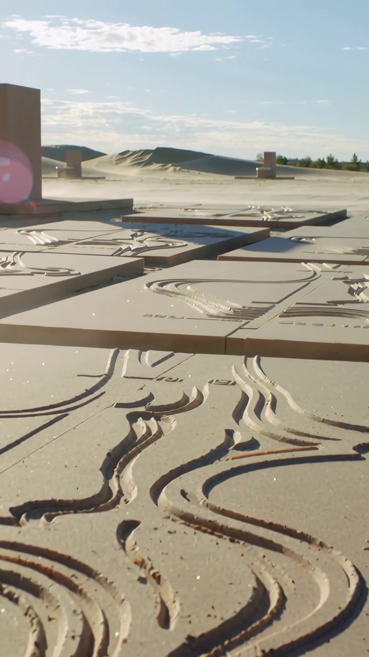 Video verticale: Ripresa all'indietro che rivela pannelli e blocchi di sabbia nel deserto, sabbia che si sposta, bagliore.