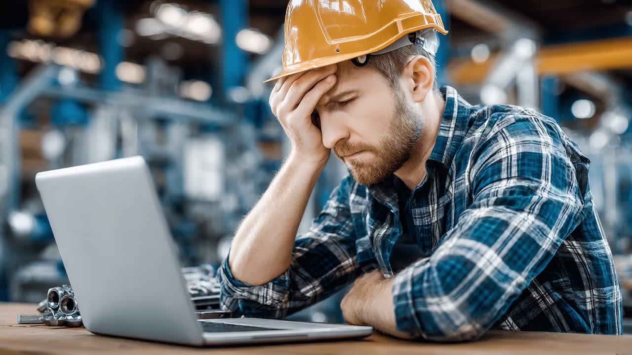 A Construction Worker Faced with Frustration: Struggling to Solve Problems While Working on a Laptop in an Industrial Setting