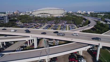 4k aerial drone video of tropicana field and full parking lots next to interstate 275 in downtown st