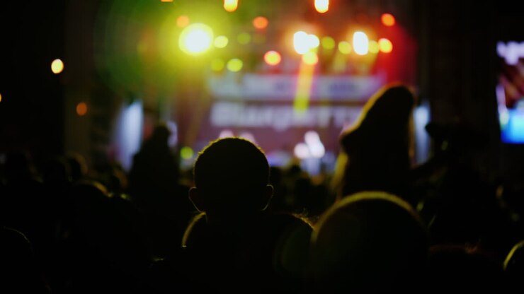 eine menge nicht erkennbarer zuschauer auf einem straßenrockkonzert mit rückansicht silhouetten 4k 10-bit-video