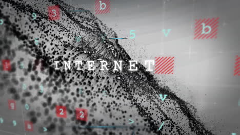 internet text animation over abstract digital particles and numbers