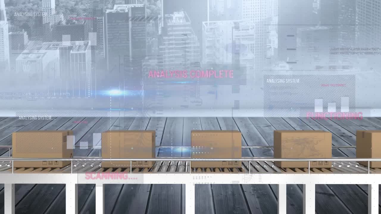 컨베이어 벨트에 있는 카드보드 상자 위에서 통계 처리의 애니메이션