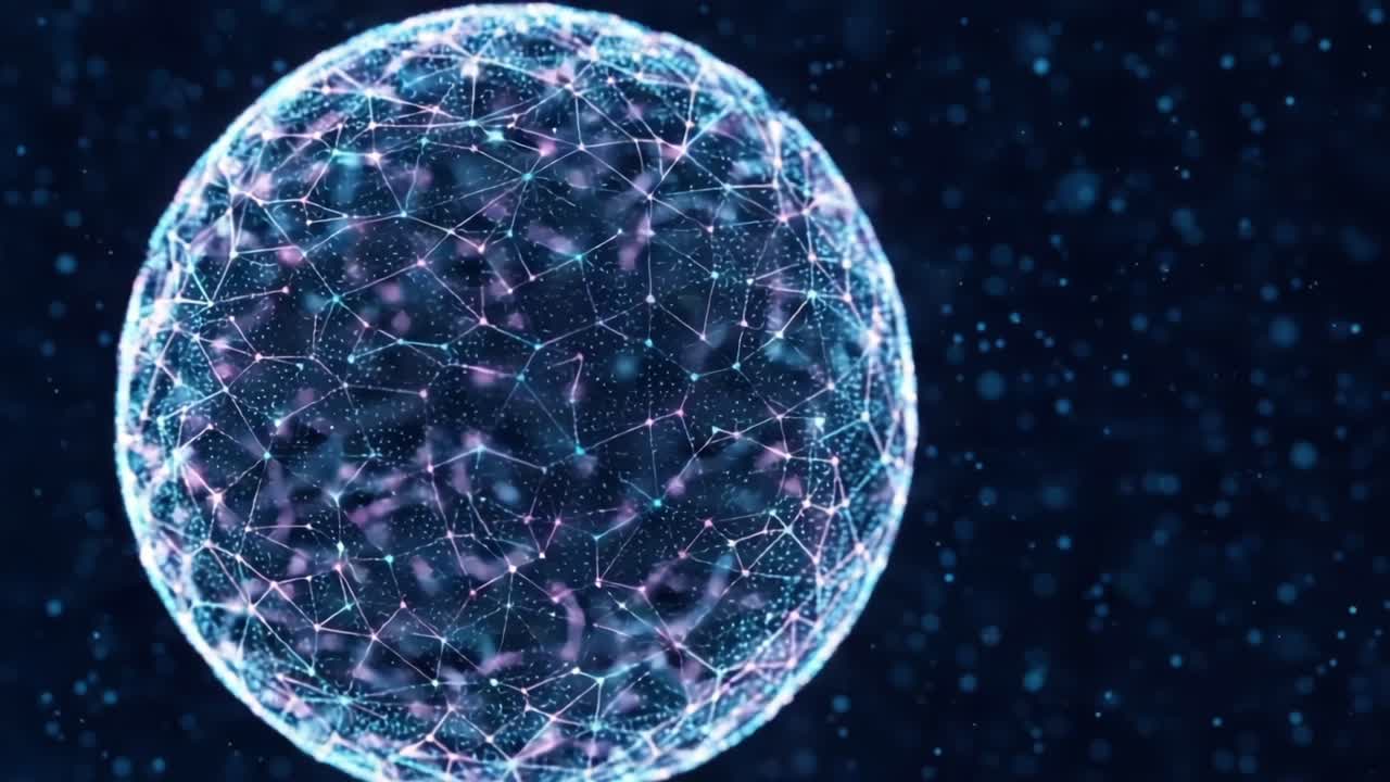 Visualizing the Intricacies of a Digital Sphere: A Journey Through a Connected Network of Vibrant Nodes and Intersecting Lines in a Dark Cosmic Background