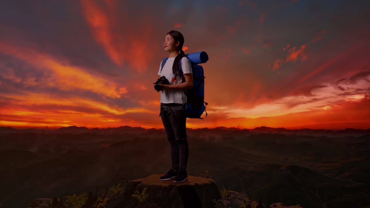 mujer caminando en la vista de la montaña al atardecer
