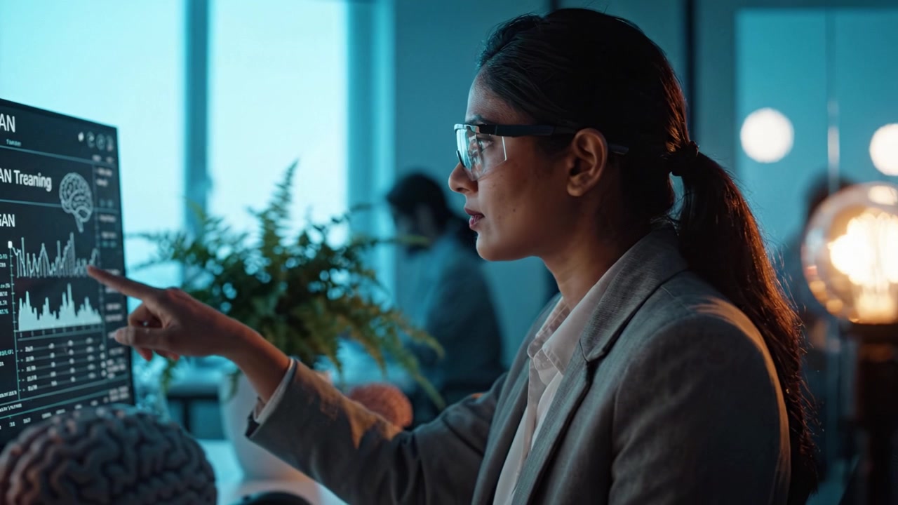 Focused Researcher Analyzing Neural Network Training Data in Modern Workspace with Blue Lighting and Natural Elements for Enhanced Productivity and Insights