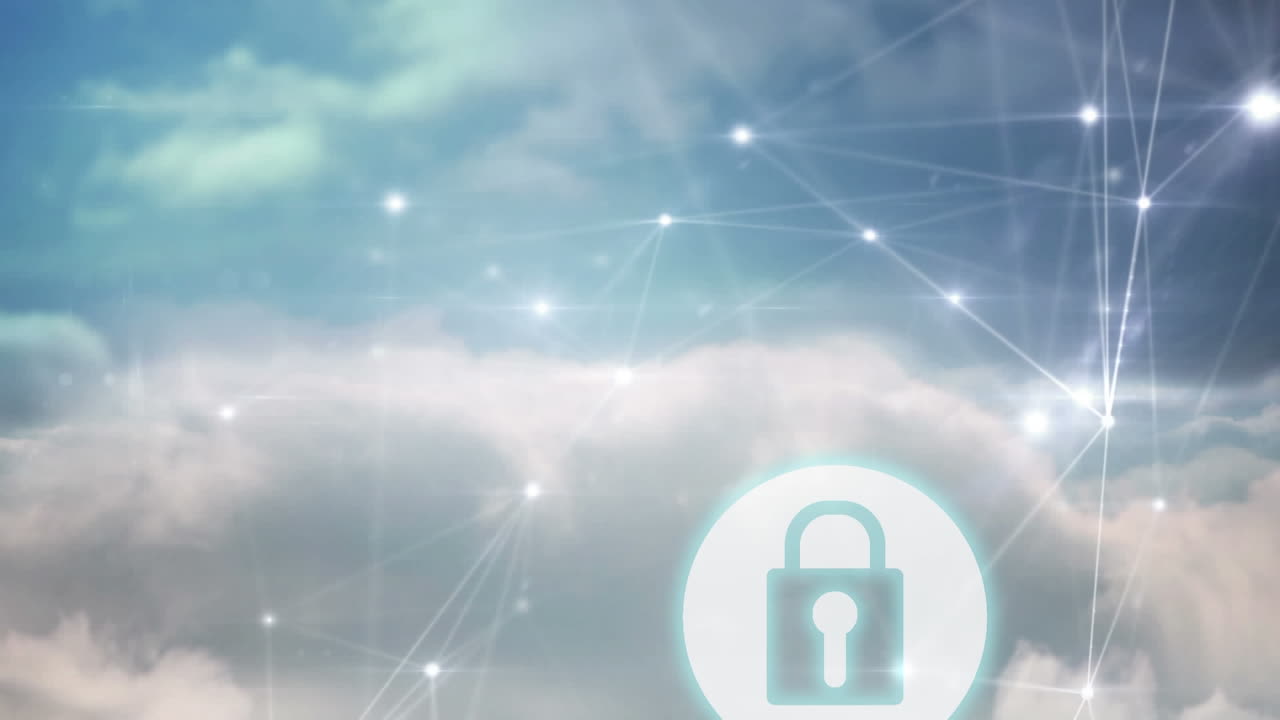 Glowing network of connections against neon security padlock icon against clouds in the blue sky