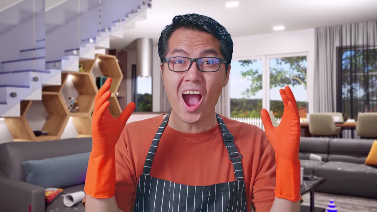Close Up Of Asian Male Housekeeper With An Apron Showing Gesture Hands Palm, Saying Wow, And Smiling In House
