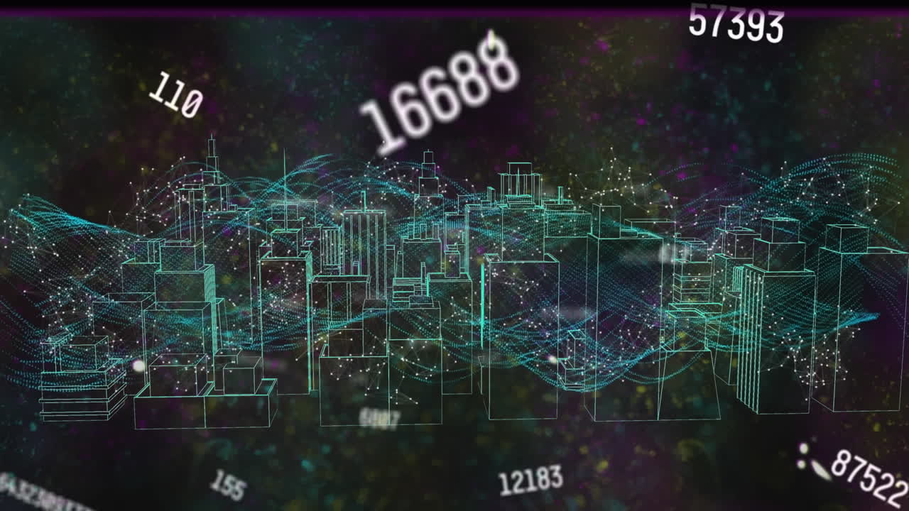 animación del procesamiento de datos y números que cambian sobre el dibujo del paisaje urbano en 3d