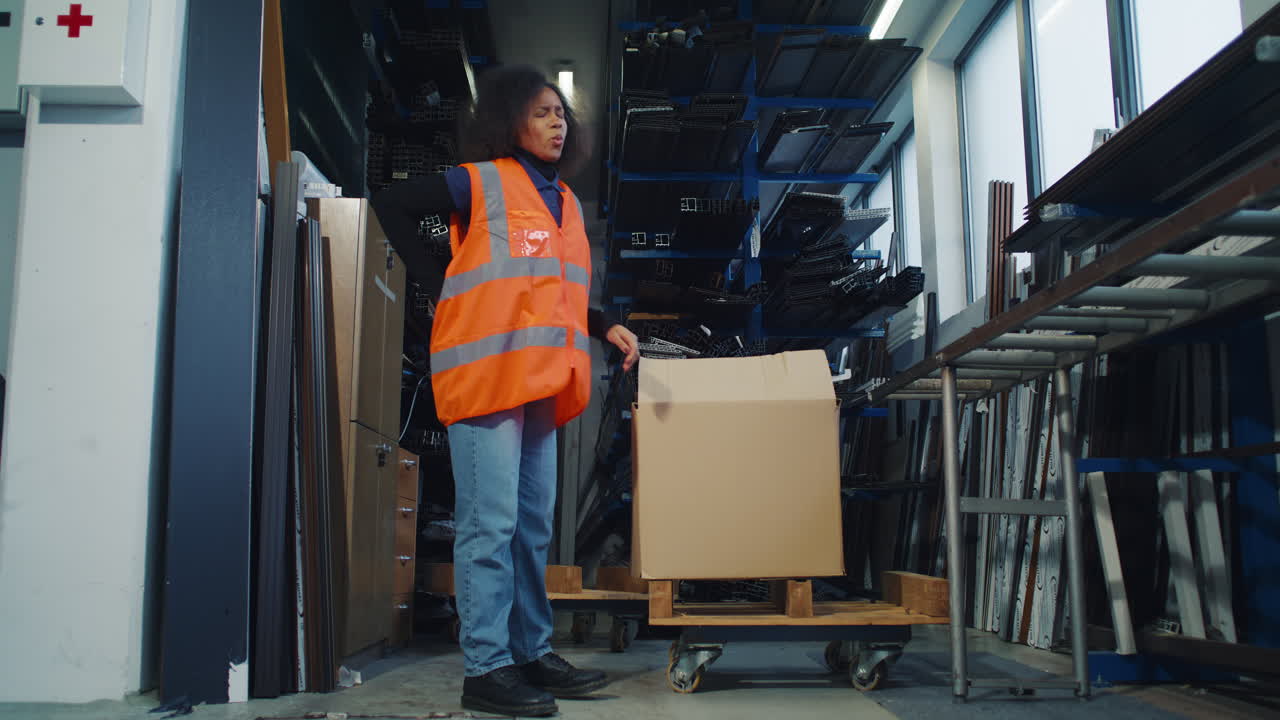 Wanita seorang pekerja logistik dan gudang menderita sakit punggung setelah penanganan manual pengangkatan dan
