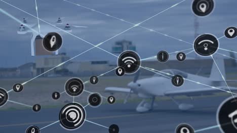 animación de la red de conexiones a través de drones con paquetes a través del aeropuerto