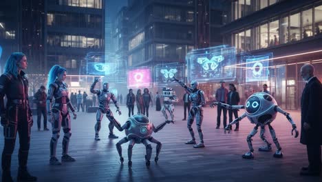 a futuristic urban scene showcasing advanced robotics and human interaction, highlighting technology's role in everyday life as humanoid robots engage in dynamic communication.