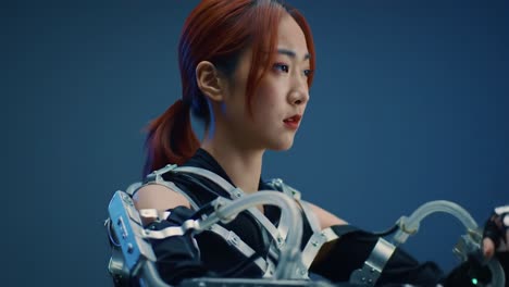 a futuristic exploration of technology and human interaction: the journey of a young innovator in advanced robotic exoskeletons showcasing strength and elegance