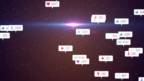 animation of social media icons and numbers on white banners over stars on night sky