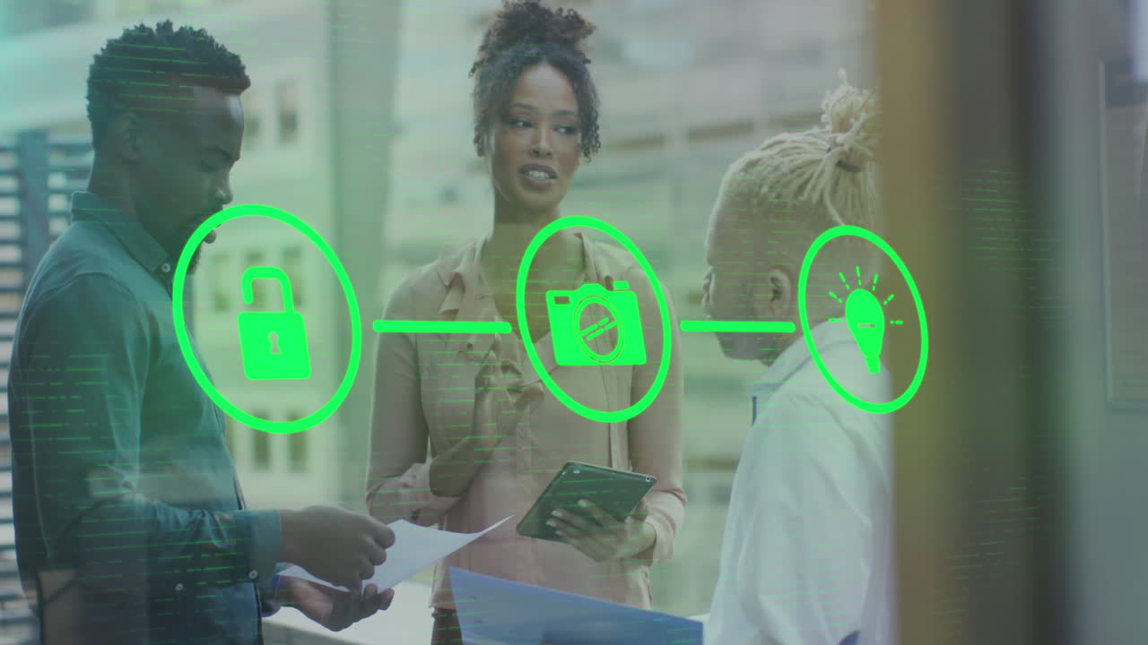 Animation of icons connected with lines over diverse coworkers discussing reports in office