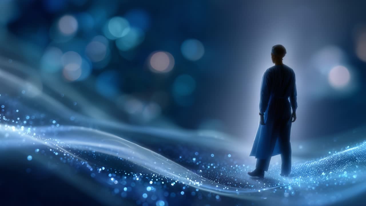 A solitary figure navigates through a mesmerizing wave of light and abstract colors, evoking a sense of wonder and tranquility in a digital dreamscape