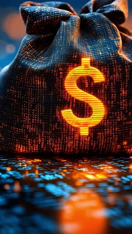 digital money bag illuminated at night. a glowing money bag sits in a dark, digital landscape filled with shimmering lights, symbolizing wealth and technology.