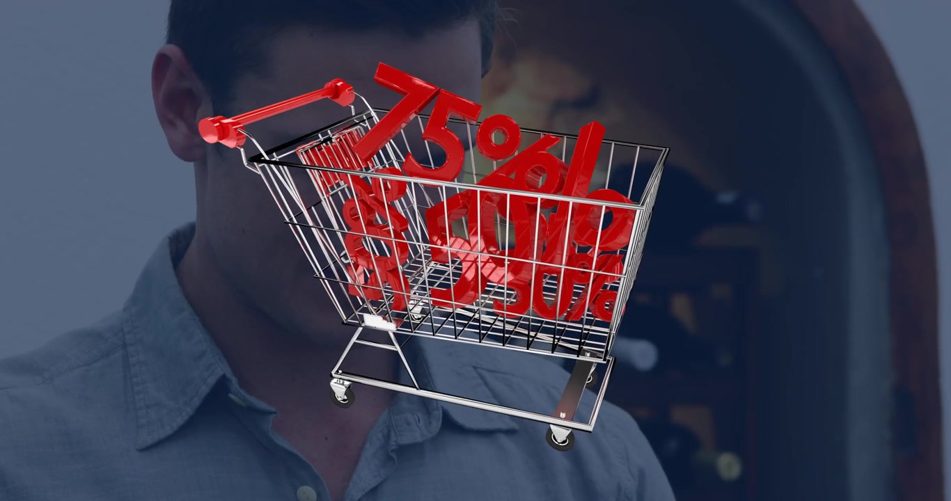 Animazione di un carrello della spesa con percentuale di sconto sopra un uomo caucasico che usa un tablet.