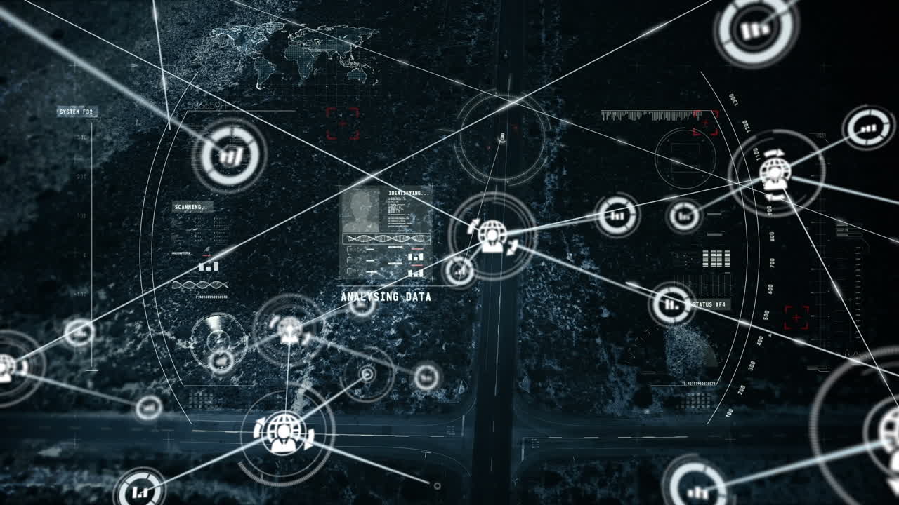 Animation of network of connections and scope scanning over cityscape
