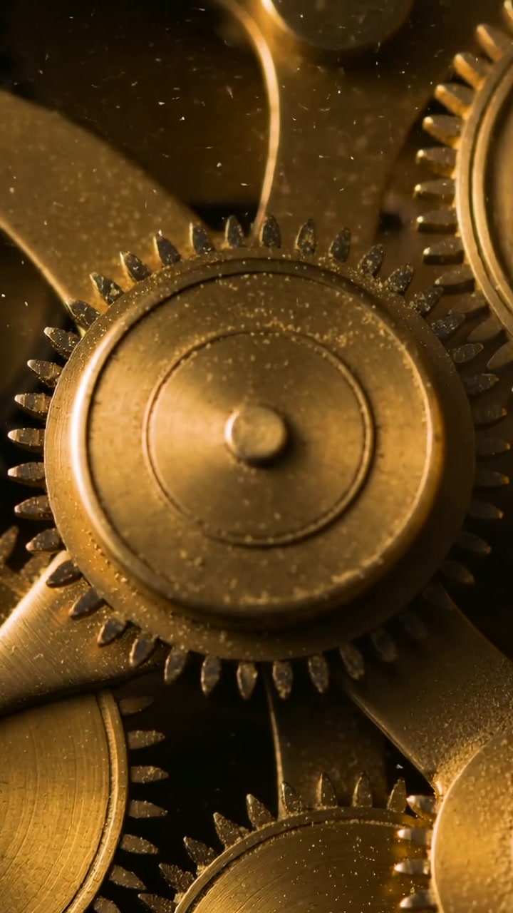 Vertical video: Rotating central brass gear from spring inside watch, with adjacent cogs, dust