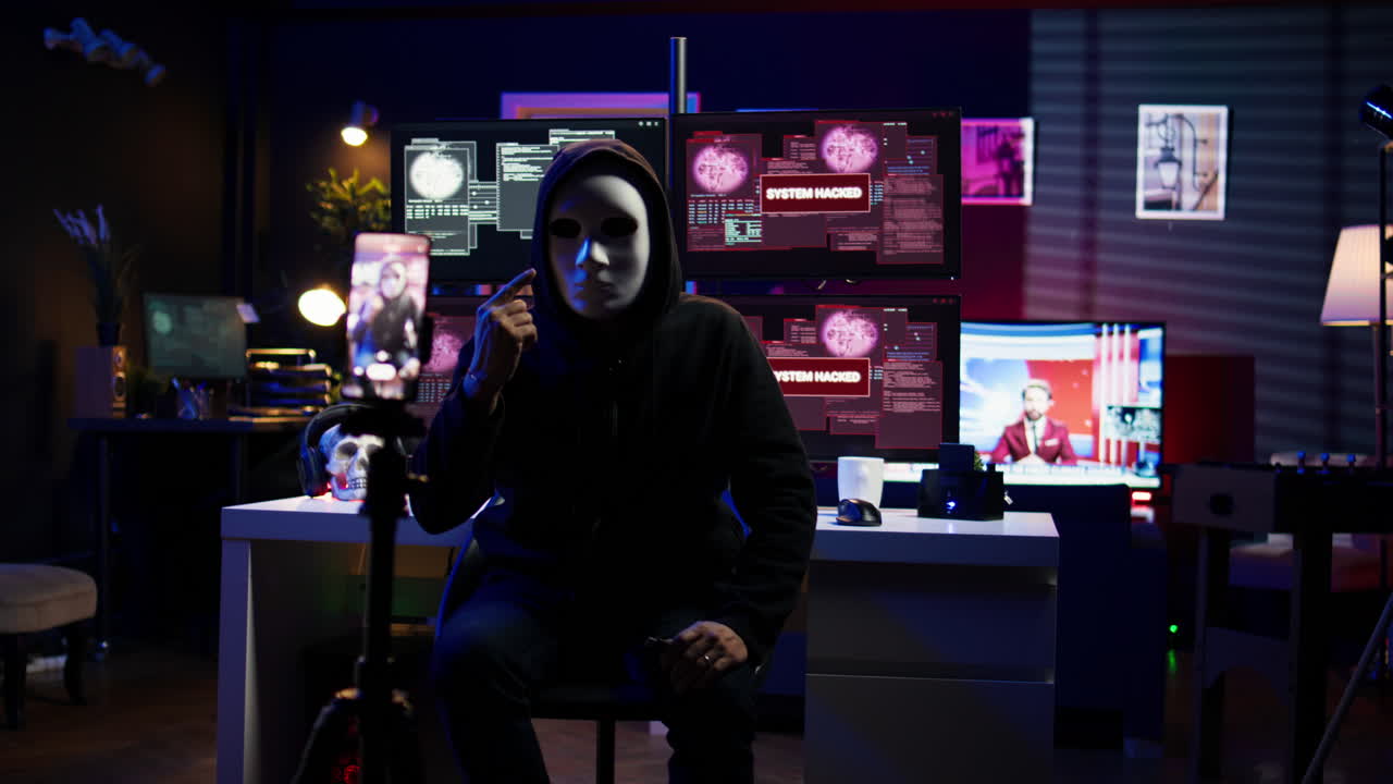 신원을 숨기는 해커는 숨겨진 지하 기지에서 몸값을 요구하는 영상을 촬영하고 있습니다.