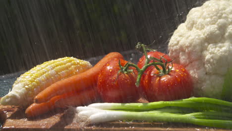 lavar una exhibición colorida de verduras frescas y maduras al sol