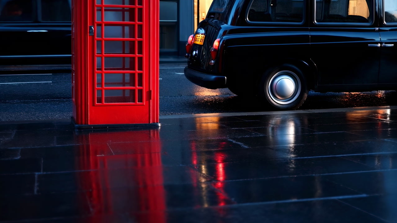 Rainy London Street Red Phone Booth, Classic Black Taxi Passing On Wet Pavement, Glossy Reflections