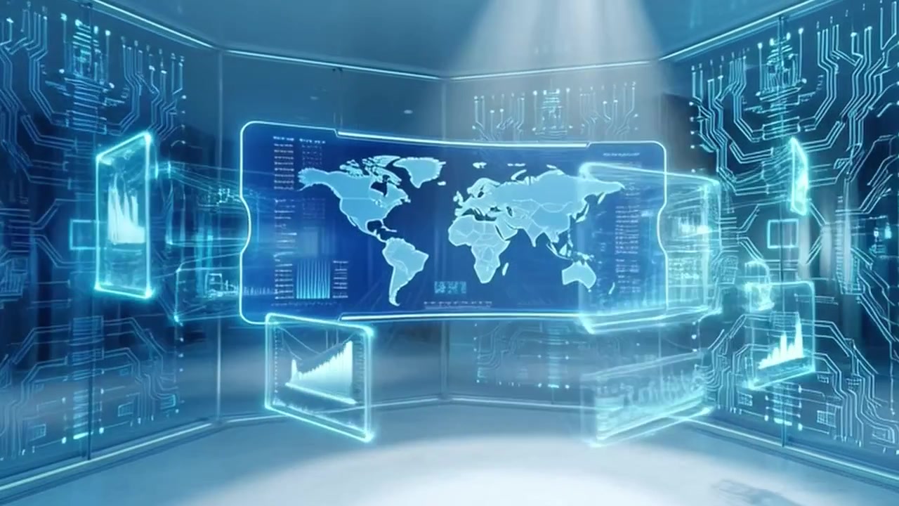 Futuristic Digital Data Center with Holographic World Map and Circuitry