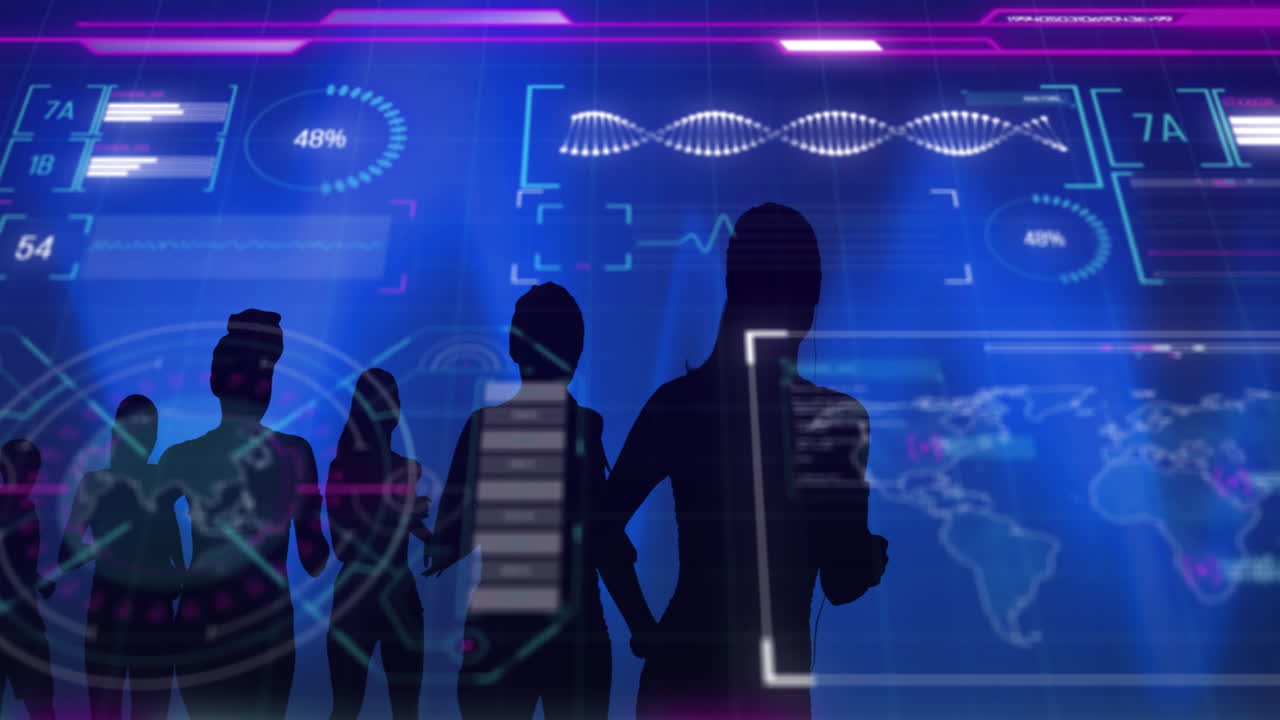 달리는 실루 운동선수 위에 빛나는 인터페이스 처리 데이터의 애니메이션