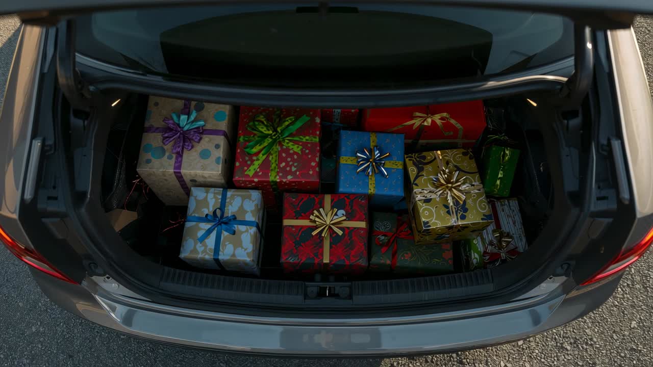 Lifting trunk lid of silver sedan revealing gift boxes in asphalt driveway, with bows