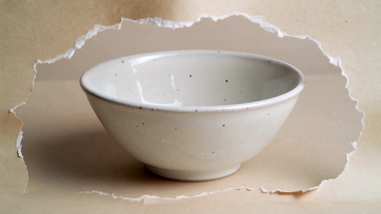 Zooming camera closing in to enlarge white speckled ceramic bowl on beige tabletop, torn paper flap