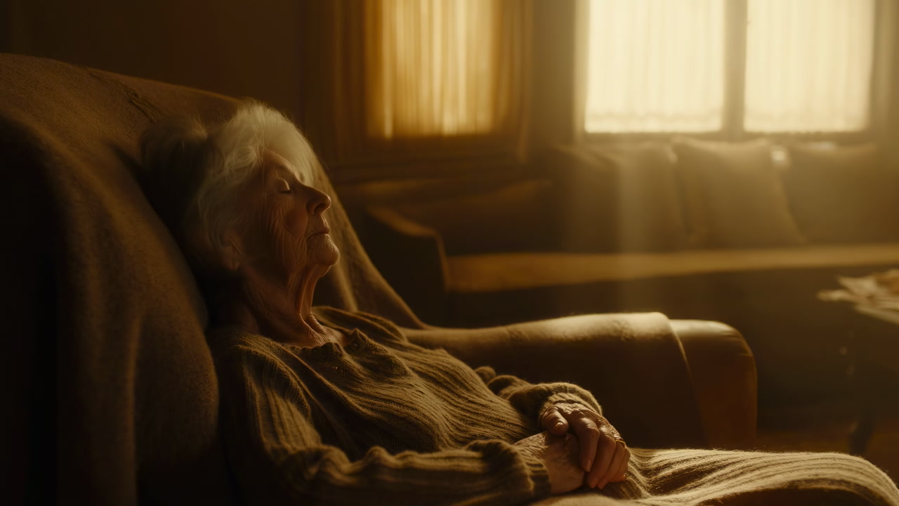 Elderly Caucasian Woman Sleeping In Armchair Bathed In Golden Sunlight Through Window Cozy Knit Blanket Soft