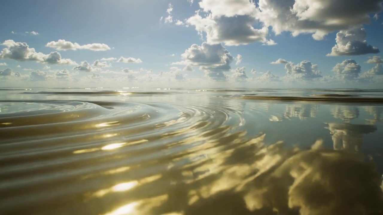Forming ripples at left foreground, reflective shallow water bending cloud reflections at sandbars