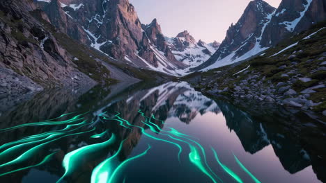 glowing trails on a mountain lake at sunrise