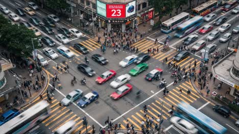 busy city intersection with motion blur traffic and pedestrians