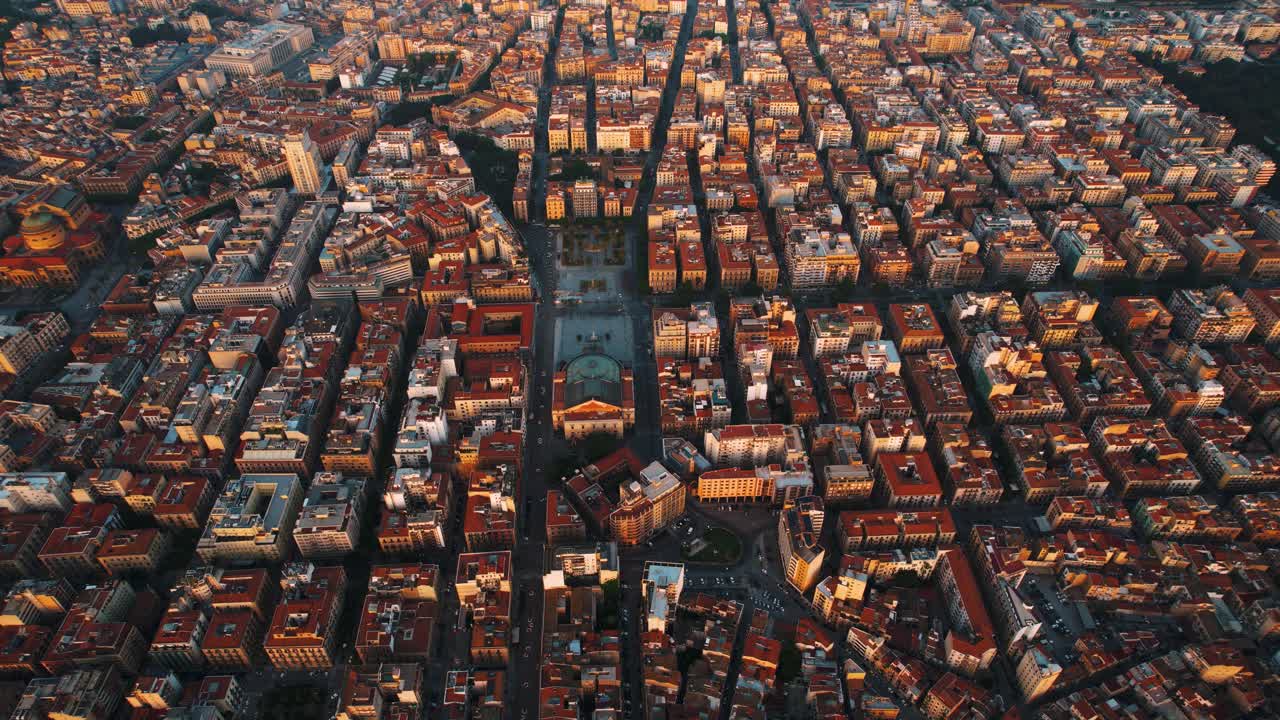 Palermo historic center showing domes, churches, and ancient street layout. Aerial drone top view.