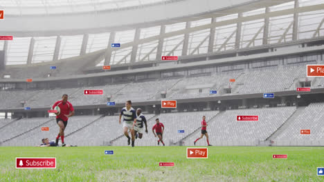 animation of media icons over diverse male rugby players playing at stadium