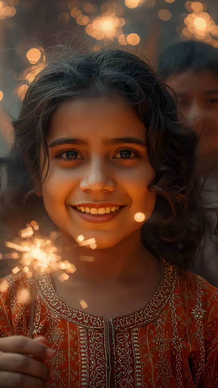 Vertical video: Lighting sparkler urging South Asian girl in kurta entering courtyard, celebrating
