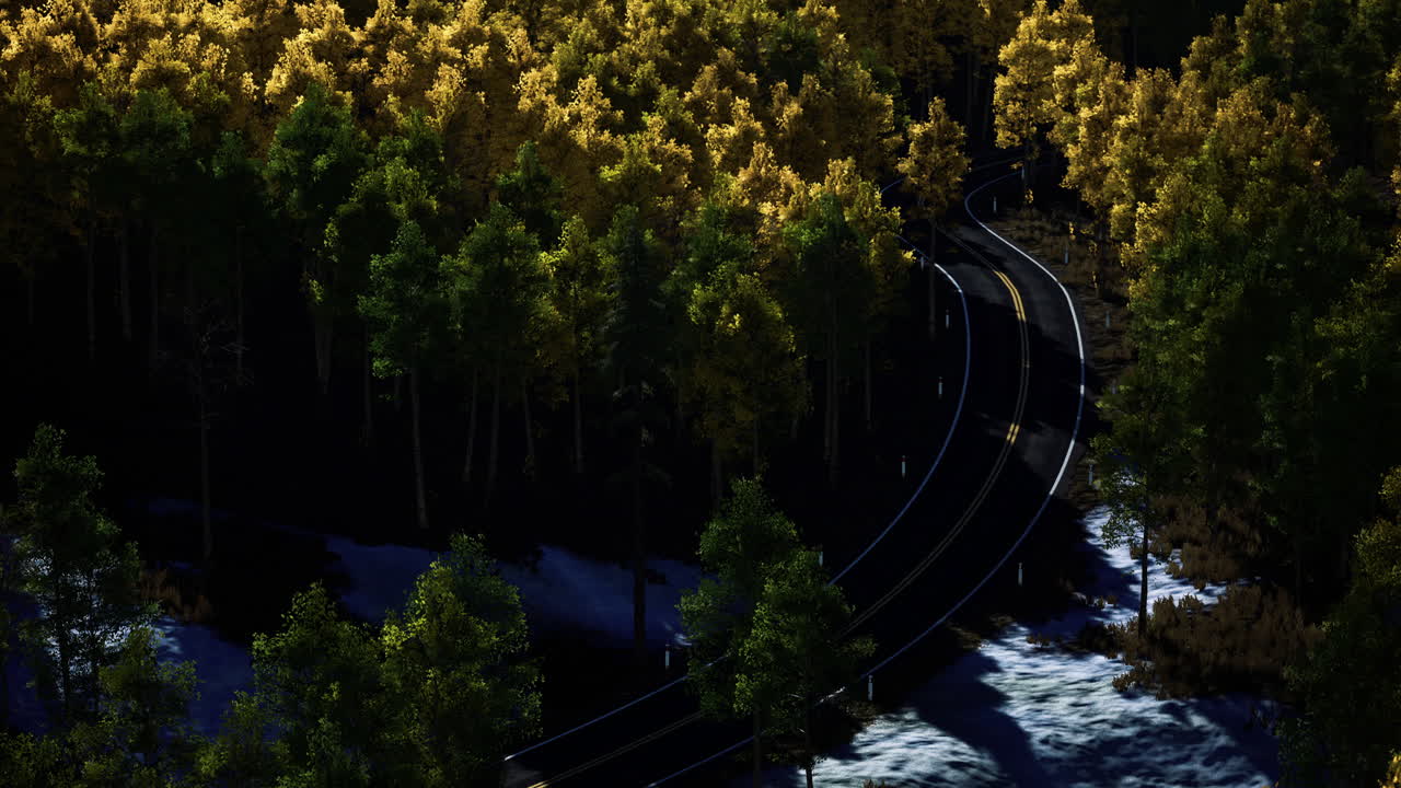 Curving road through vibrant autumn forest in tranquil natural setting