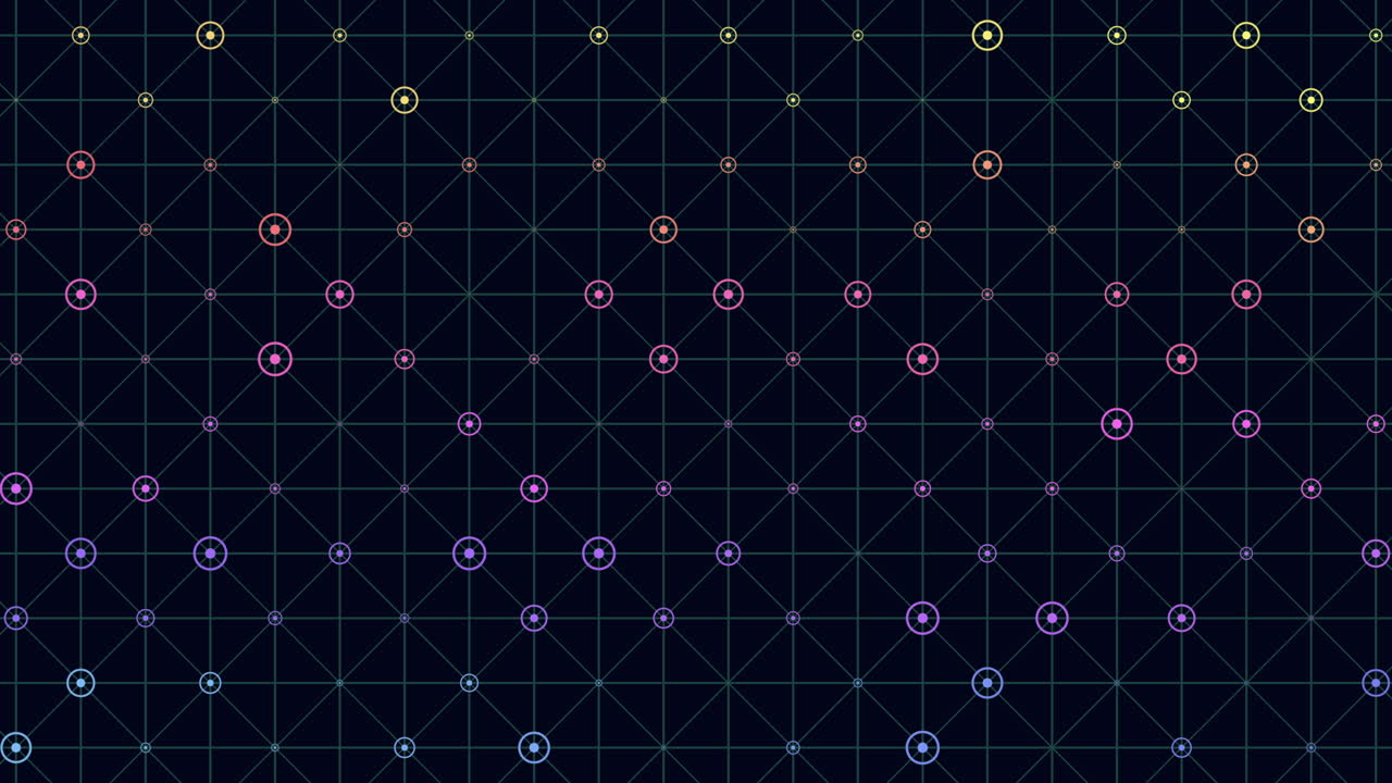 An abstract art piece comprised of colorful dots symmetrically arranged in a grid on a black background, creating a visually captivating and harmonious pattern